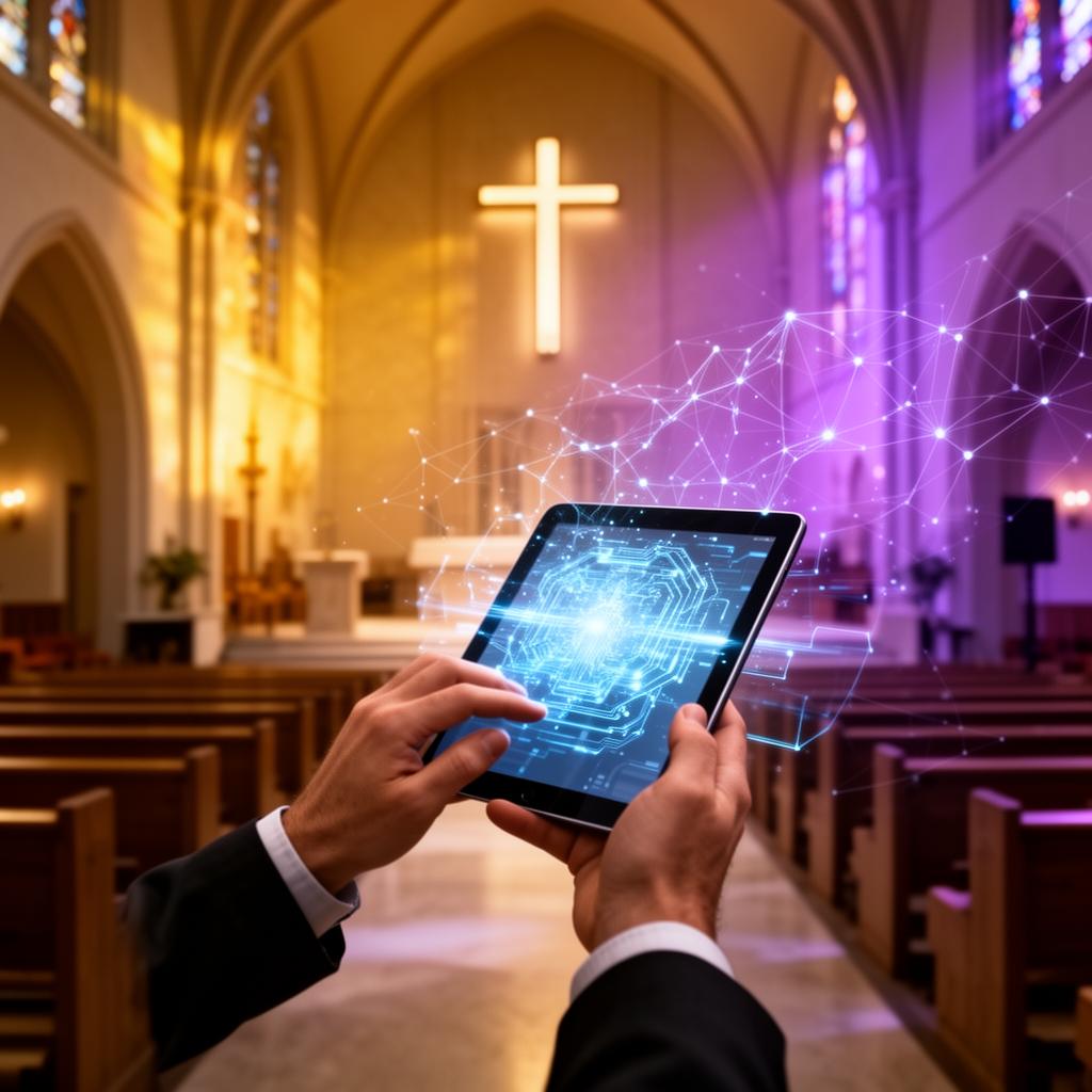 Pastor usando tecnología IA en la iglesia